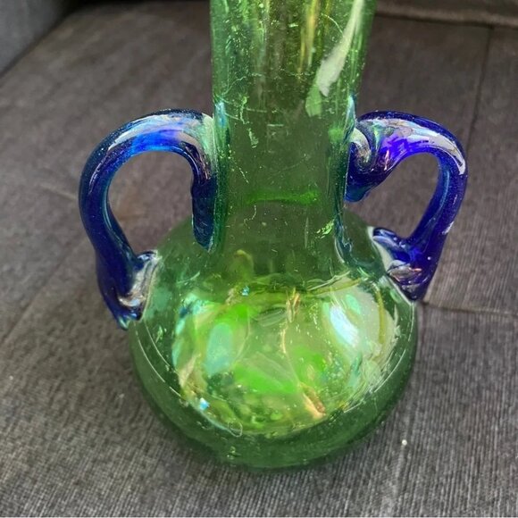 Handblown Artisan Glass Vase Blue and Green 7.25in - Picture 10 of 15